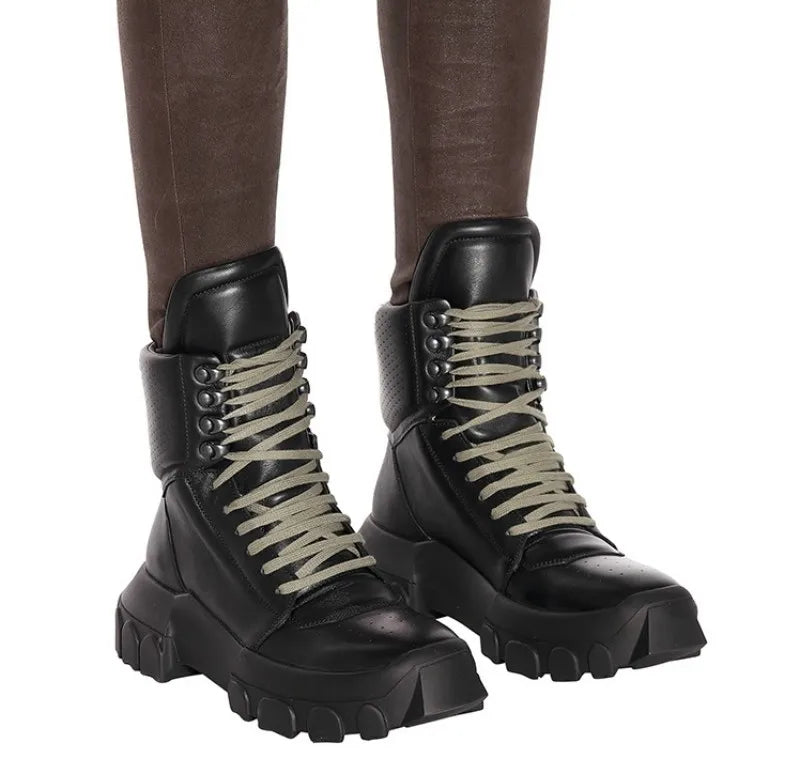 Punk Winter Men Lace Up Tactical Platform Ankle Boots Med Heels Platform Work Safety Shoes Army Genuine Leather Boots...