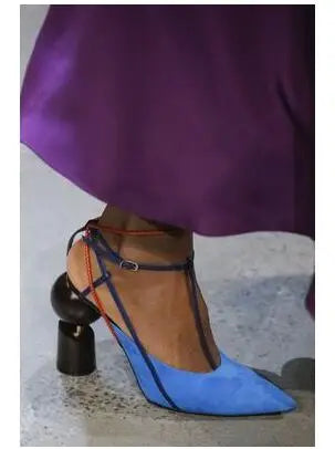 Sestito The Latest Lady Strange Style High Heels Pointed Toe Sandals Woman Ankle Strap Mixed Color Runway Shoes Girls Slingbacks - Kimlud