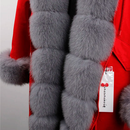 Maomaokong Winter Women Luxur Beige Fur Coat Natural Real Fox Fur Waterproof Jacket Hooded Thick Warm Fashion Long Black Parkas