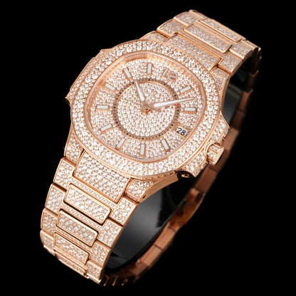 Men's Rose Tone Full Diamond Wristwatch Pillow Case Design Dense Stone Setting Date Display Stylish High End Luxury Timepiece