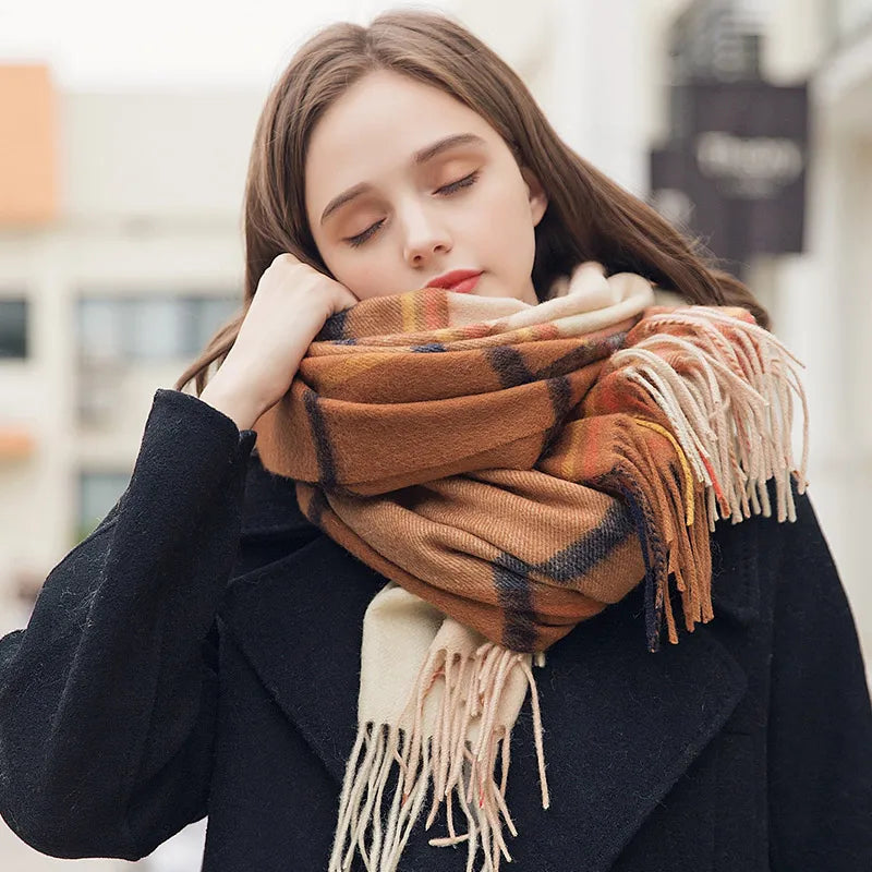 Winter 100% Lamb Wool Scarf Women Luxury Thicken Warm Shawls Wraps Checkered Pashmina Foulard Femme Plaid Cashmere...