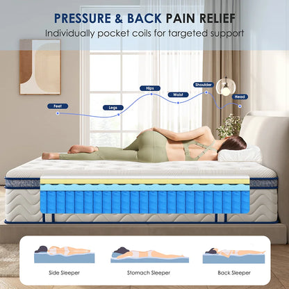 Size Foam Mattress 12 Inch Individually Pocketed Innerspring Medium Firm Bedroom Home Furniture | Kimlud Luxury Bed