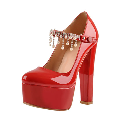 Onlymaker Women Mary Jane Platform Red  Nude Pumps Ankle Strap Thick 15~16cm Round Heel High Heels Dress Buckle Shoes