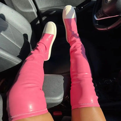 Green/Orange 2025 Botas Largas  Leather Over Knee High Flat Boots for Women