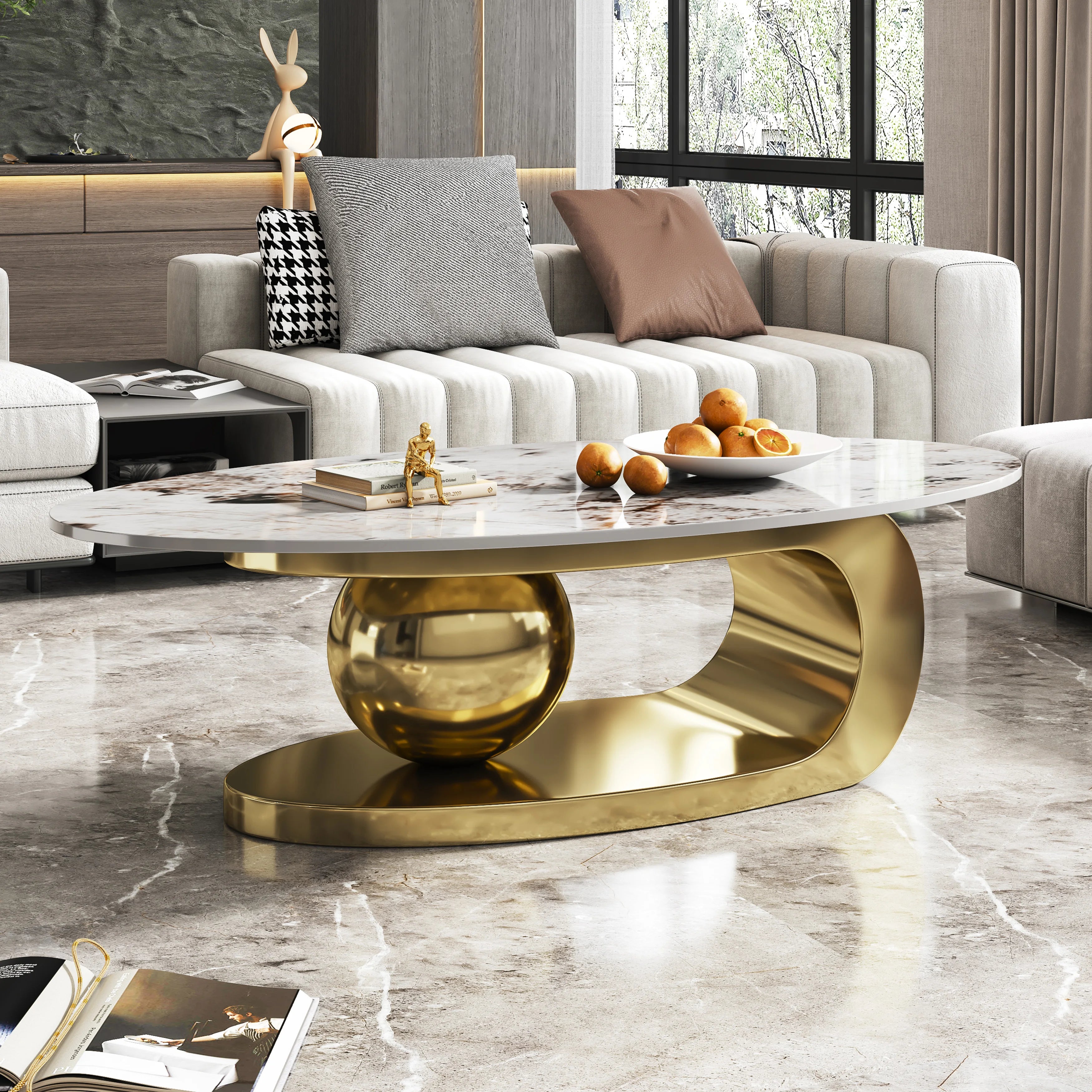 Modern Exquisite Oval Marble Coffee Table with Abstract Gold Metal Base Stylish Home Furniture for Living Room Centr |...