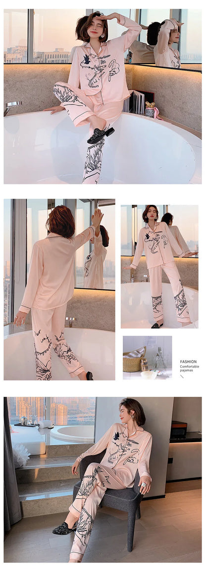 QSROCIO Women's Pajamas Set Luxury Style Fashion Natural Animal Graffiti Sleepwear Silk Like Leisure Home Clothes...