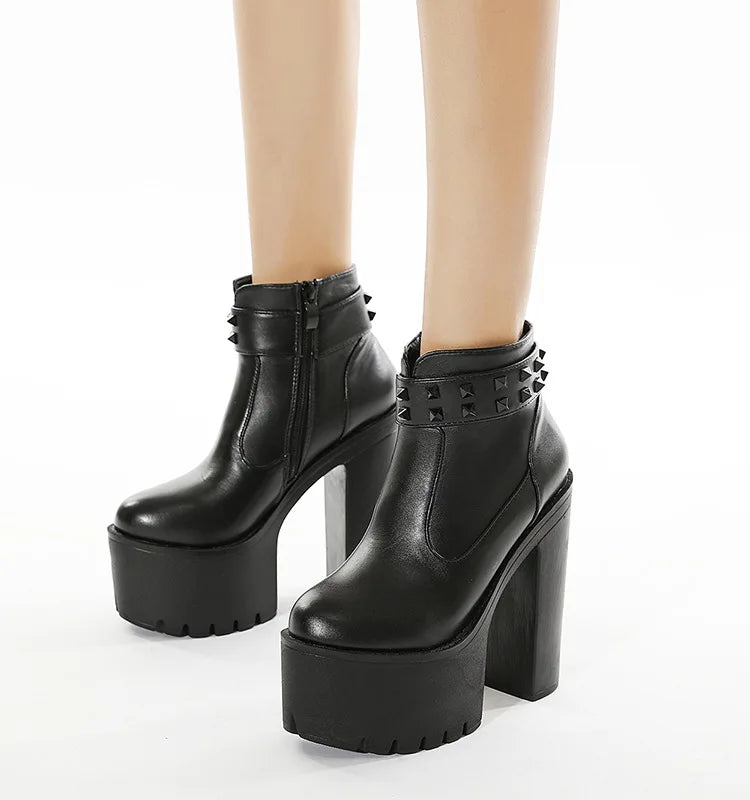 Gothic Black Ankle Boots For Women Plus High Heel Female Shoes Lace-Up Nigh Club Black Sexy Rivets Short Bootsrd5