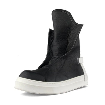 Men High-Top Casual Shoes Designer Slip-On Genuine Leather Platform Boots Winter Black Sneakers Personality Safety Work Boots