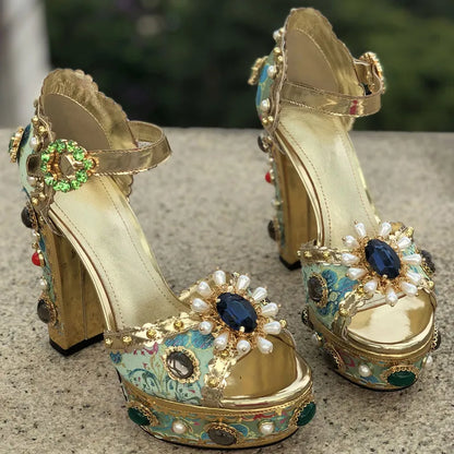 MStacchi Luxury Brand Women Platform Sandals Crystal Embroidery High Heel Sandalia Feminina Buckle Strap Rhinestone Wedding Shoe - Kimlud