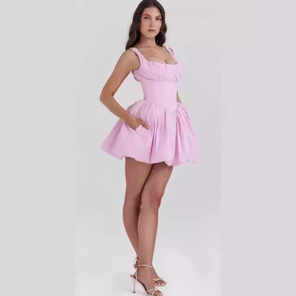 Sweet Square Collar Tunic Slim Slip Mini Dress For Women Empire Lace Dress