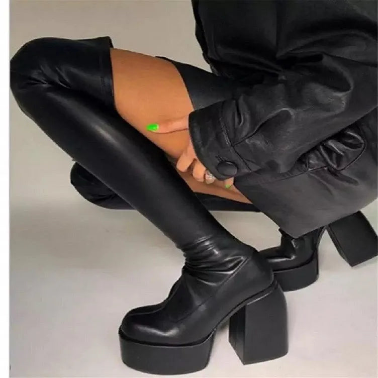 Platform Heel Boots Women's Pumps Stretch Ankle Boots Designer Knee-high Women Boots Trend Thigh High Boot Black Gothic...