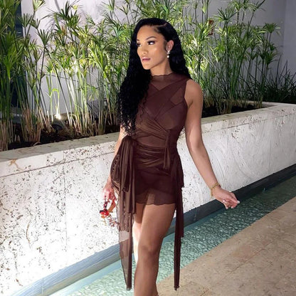 Bangniweigou Ribbon Wrap Up Draped Mesh See Through Bandage Dress Women Mummy Tie Up Bodycon High Waist Short Brown Dresses - Kimlud