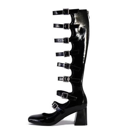 Summer Belt Buckles Women Knee High Boots Chunky Heels Patent Long Booties Sexy Square Toe Back Zipper Sandals Shoes