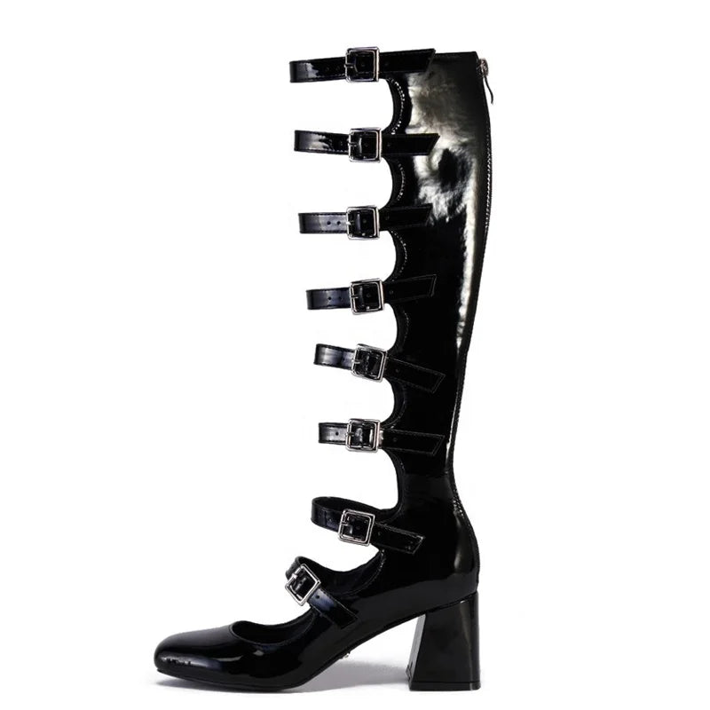 Summer Belt Buckles Women Knee High Boots Chunky Heels Patent Long Booties Sexy Square Toe Back Zipper Sandals Shoes