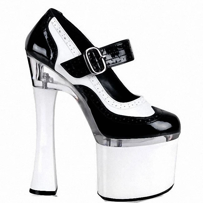 18CM High Heeled Shoes Super Big Size Shallow Pumps 7 Inches Peep Toe Thick Platform Patent Leather Buckle Strap Pole Dance