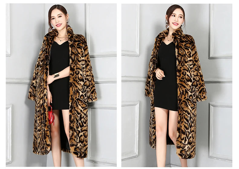 Nerazzurri Autumn Winter Long Thick Warm Colorful Leopard Print Fluffy Faux Fur Coat Women Stand Collar Luxury Furry Overcoat