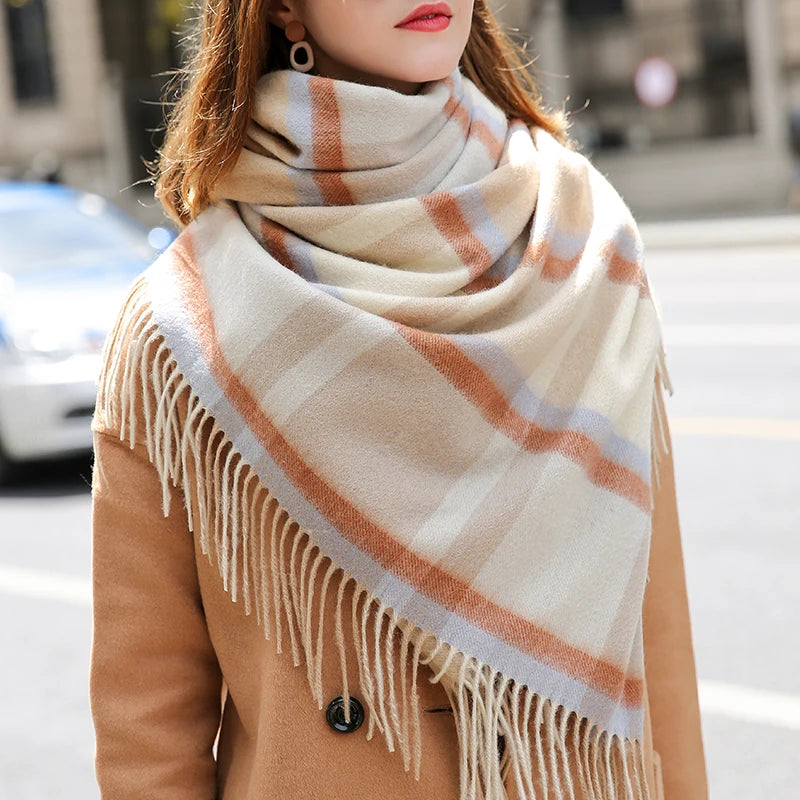 Winter 100% Lamb Wool Scarf Women Luxury Thicken Warm Shawls Wraps Checkered Pashmina Foulard Femme Plaid Cashmere...