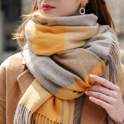 Winter 100% Lamb Wool Scarf Women Luxury Thicken Warm Shawls Wraps Checkered Pashmina Foulard Femme Plaid Cashmere...
