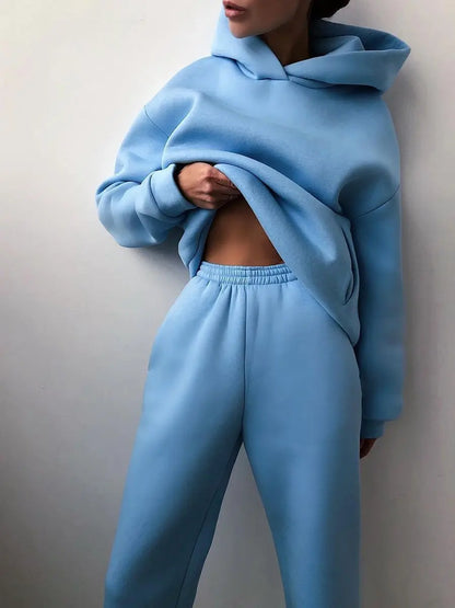 Women's Tracksuit Casual Solid Long Sleeve Hooded Sport Suits Autumn Warm Hoodie Sweatshirts and Long Pant Fleece Two Piece Sets - Kimlud
