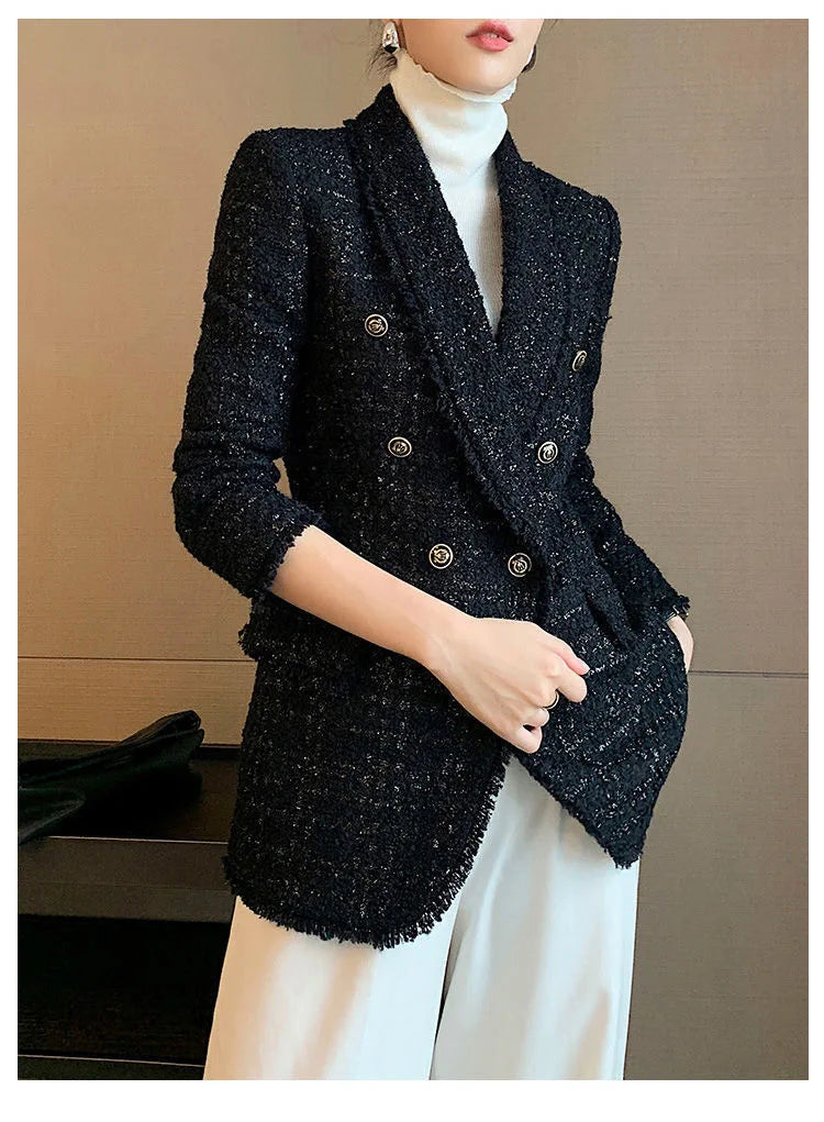 2021 autumn new style small fragrant black temperament wool small suit jacket women's self-cultivation suit blouse