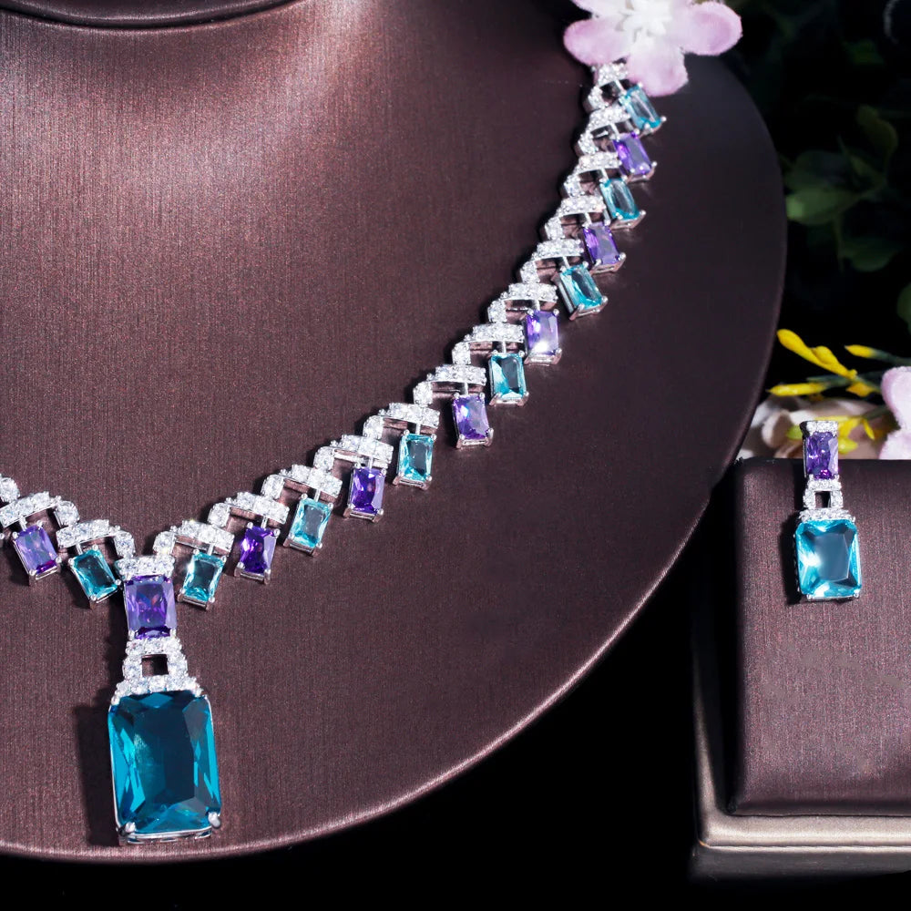 CWWZircons Beautiful Purple Blue Cubic Zircon Crystal Dangle Drop Bridal Wedding Necklace Party Jewelry Sets for Women...