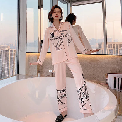 QSROCIO Women's Pajamas Set Luxury Style Fashion Natural Animal Graffiti Sleepwear Silk Like Leisure Home Clothes...