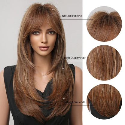 Factory Outlet MOQ 1Long Layered Brown Synthetic Wigs for Women Straight Blonde Mixed Bangs Wigs Use Heat Resistant Fiber