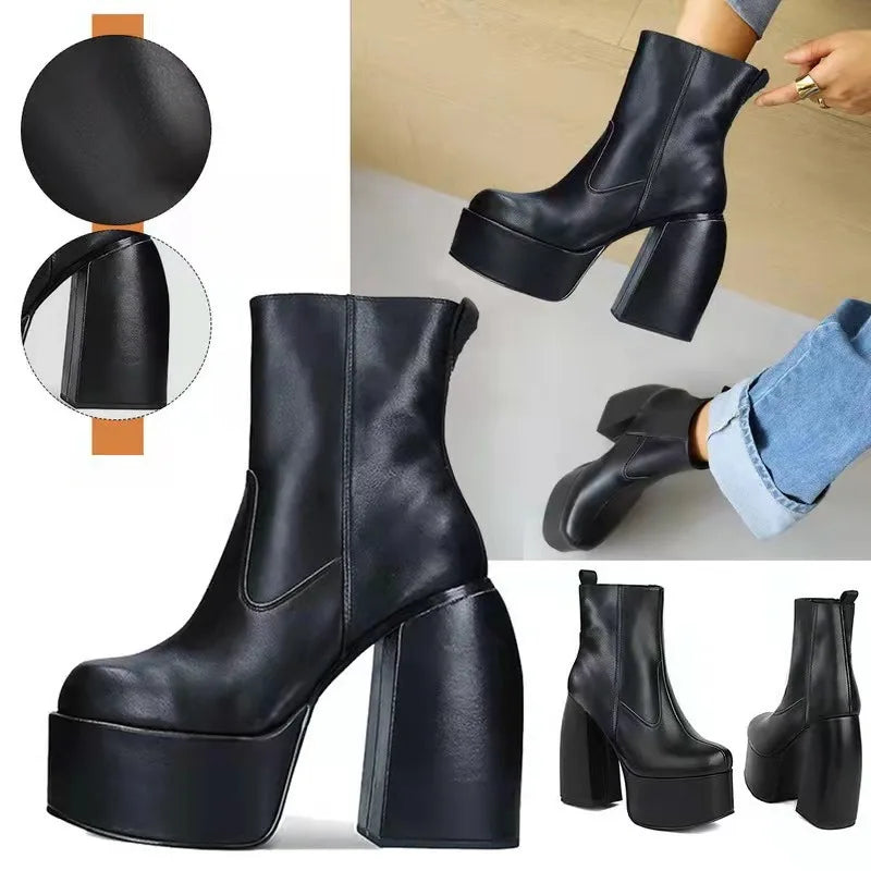 Platform Heel Boots Women's Pumps Stretch Ankle Boots Designer Knee-high Women Boots Trend Thigh High Boot Black Gothic...