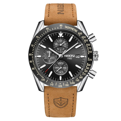 NIBOSI 2615 Business Style Men Watch Luminous Real Leather Band Wristwatch Silicone Strap Chronograph Quartz Watches