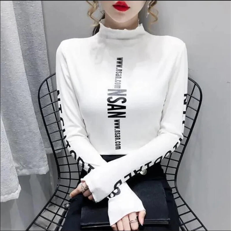 Mid-high-neck Bottoming T-shirt Elastic Inner Ride Femme Tee Tops autumn winter warm letter printing Streetwear Women's T-shirts
