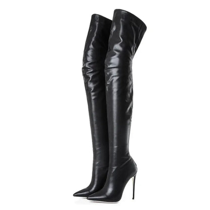 Botas Dama Roman Style Black Leather Women Fall Over the Knee Stiletto Heel Thigh High Boots for Ladies