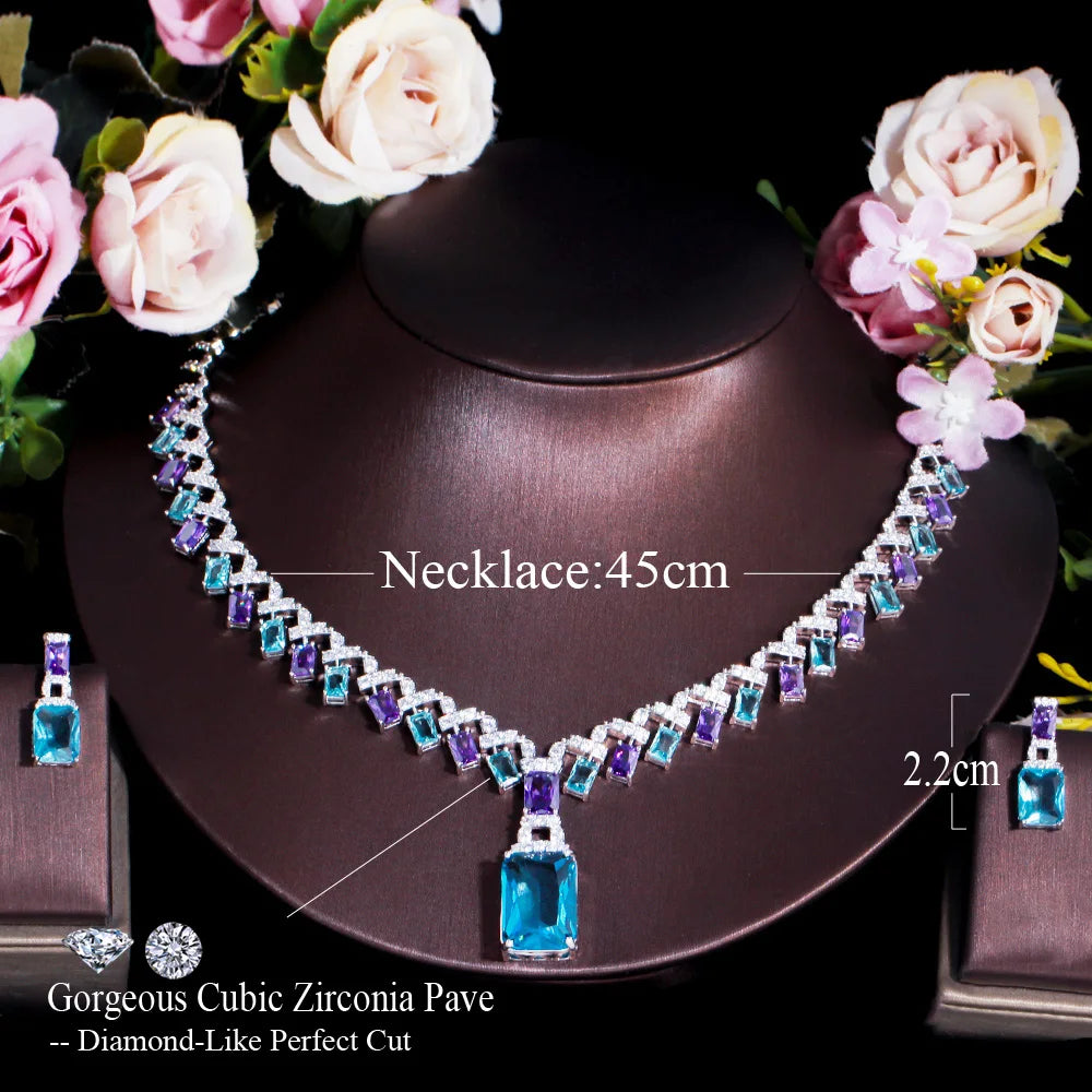 CWWZircons Beautiful Purple Blue Cubic Zircon Crystal Dangle Drop Bridal Wedding Necklace Party Jewelry Sets for Women...