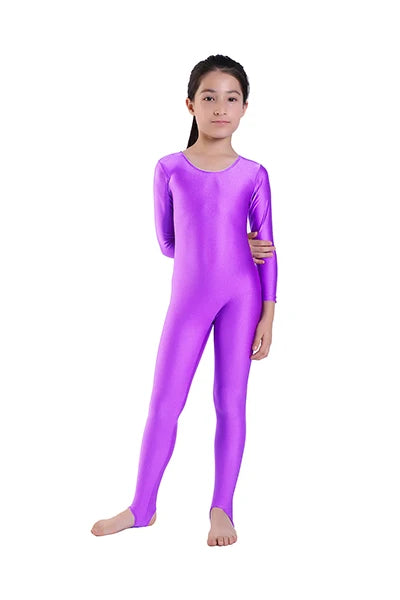 AOYLISEY Girls Dance Gymnastics Long Sleeve Unitard for Kids Jumpsuits Stirrup Show Stage Wear Zentai Childrens Unitards