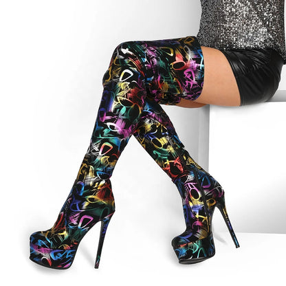 Colorful Skintight High Platform High Thin Heel Women Boots High Heel Thigh High Booties Side Zipper Party Over Knee High Boots