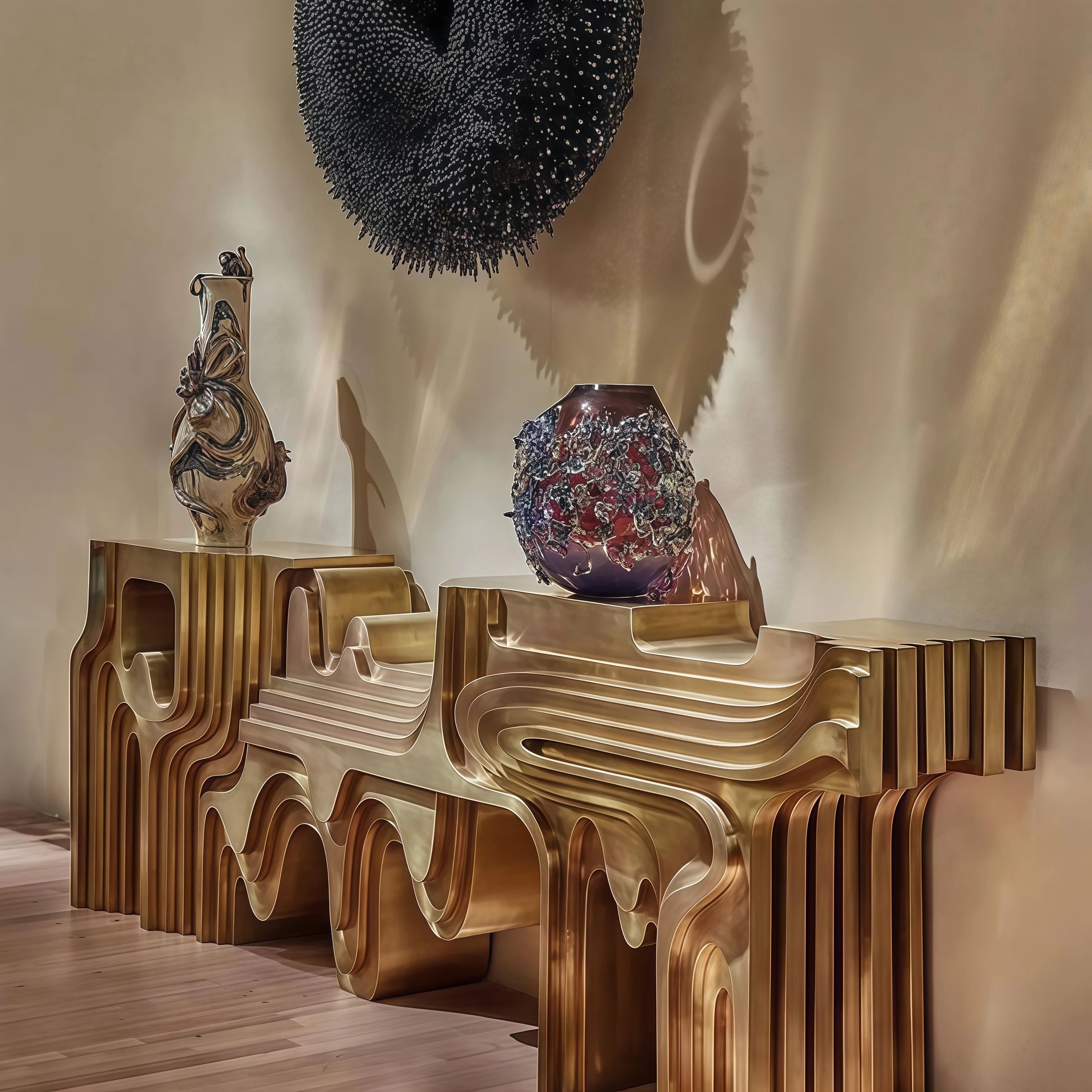 Designer's Home Art Furniture: Golden Control Console Table, Solid Wood Sculpture Decoration, Foyer Entrance Table |...