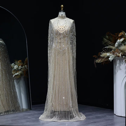 Jancember LSZ080 Luxury Beaded Nude Arabic Evening Formal Party Dresses With Shawl | Kimlud Luxury Dress