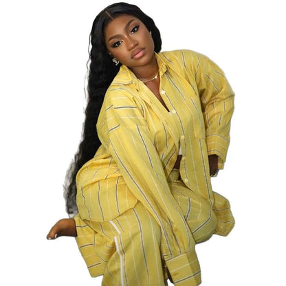 Boutique Wholesale 2025 Autumn New Fashion Collar Loose Striped Shirt Casual Pants Women's Set