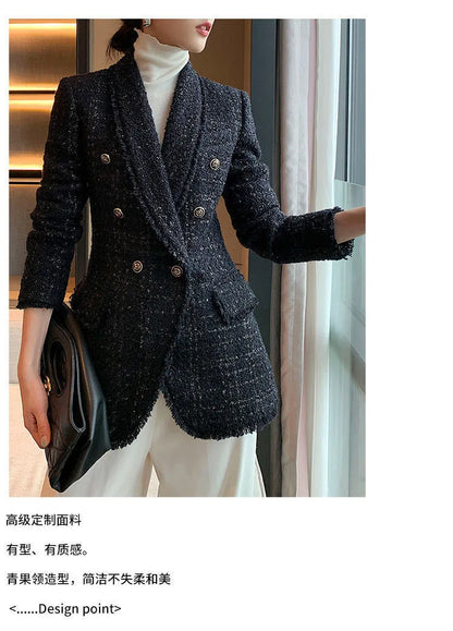 2021 autumn new style small fragrant black temperament wool small suit jacket women's self-cultivation suit blouse