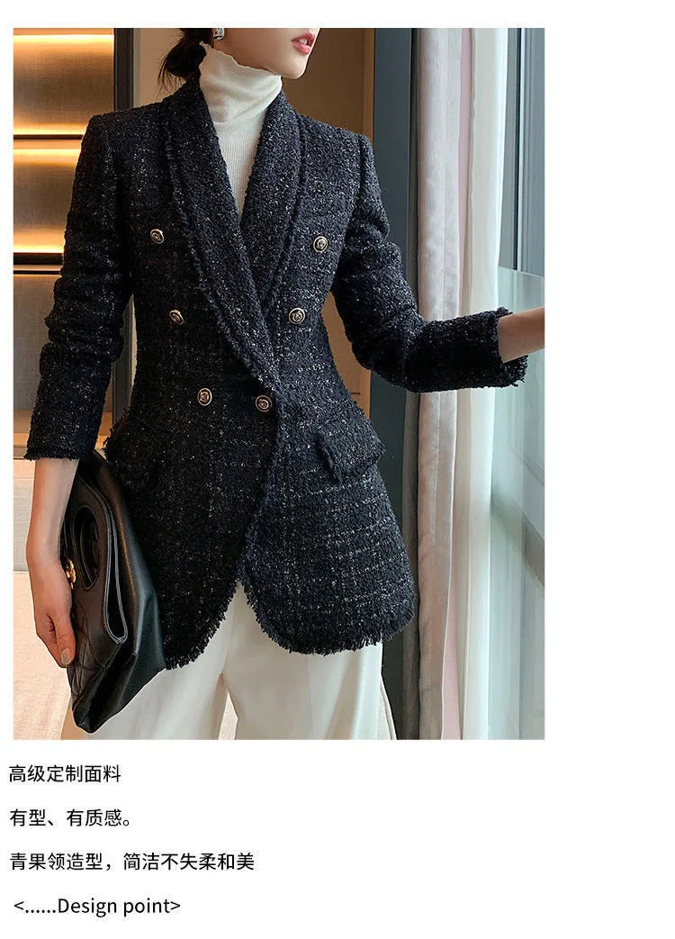 2021 autumn new style small fragrant black temperament wool small suit jacket women's self-cultivation suit blouse