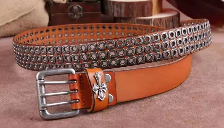 Studded Heavy Metal Style Belt Handmade Leather Pank Rock Style Men's Belt Cowhide Retro Tactical belt Jeans Belt - Kimlud
