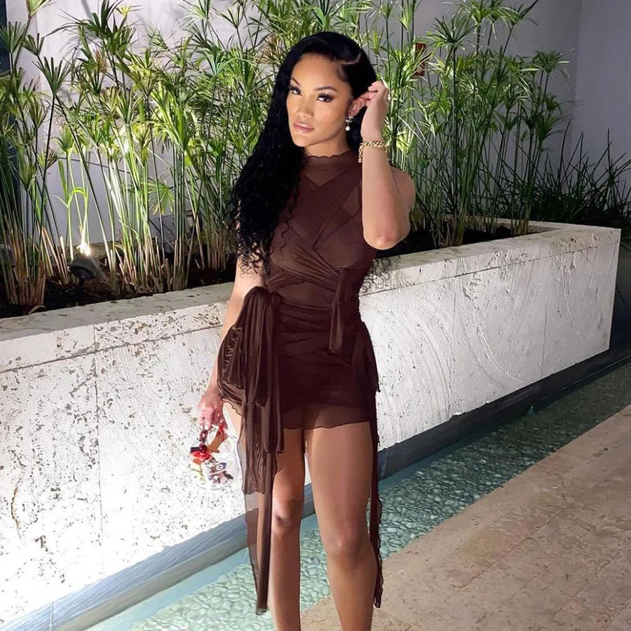 Bangniweigou Ribbon Wrap Up Draped Mesh See Through Bandage Dress Women Mummy Tie Up Bodycon High Waist Short Brown Dresses - Kimlud