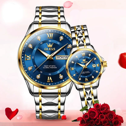 Luxury Unisex Olevs Stainless Steel Quartz Waterproof Couple Watch for Lovers
