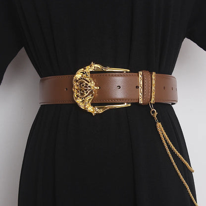 Women's Runway Fashion Gold Buckle Genuine Leather Cummerbunds Female Dress Corsets Waistband Belts Decoration Wide Belt TB1757