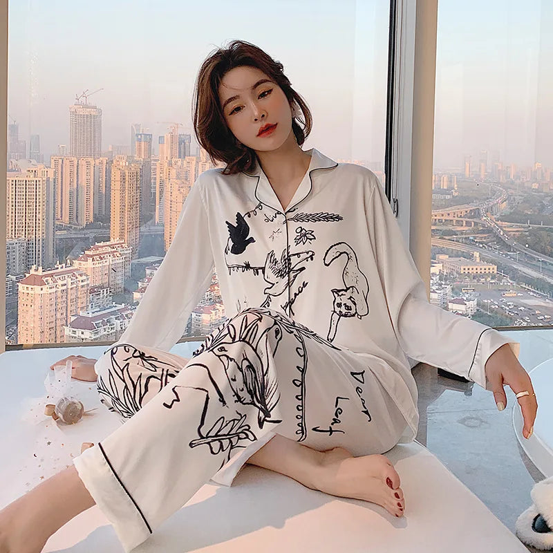 QSROCIO Women's Pajamas Set Luxury Style Fashion Natural Animal Graffiti Sleepwear Silk Like Leisure Home Clothes...