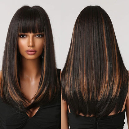 Factory Outlet MOQ 1Long Layered Brown Synthetic Wigs for Women Straight Blonde Mixed Bangs Wigs Use Heat Resistant Fiber
