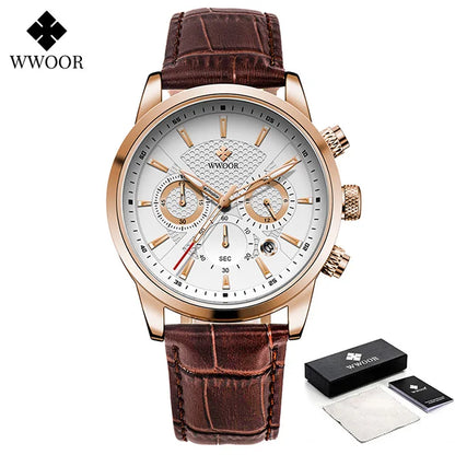 2024 New WWOOR Design Men Watches Top Brand Luxury Waterproof Leather Quartz Wristwatch Sports Chronograph Relogio Masculino+Box