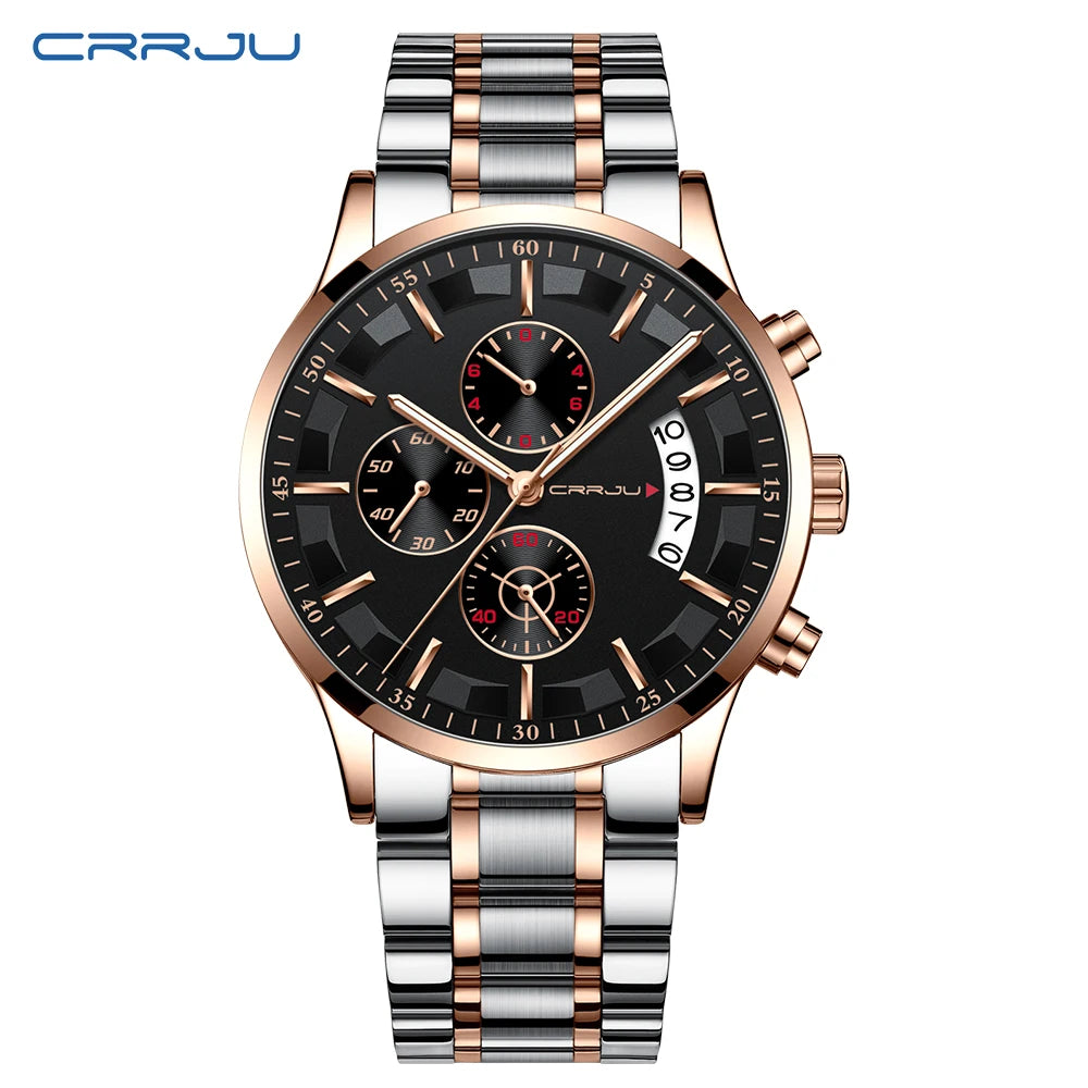 CRRJU 2261 Hot Sell Chinese Gents Quartz Watch clear Steel Strap Luminous Chronometer Calender Outdoor Hand Watch