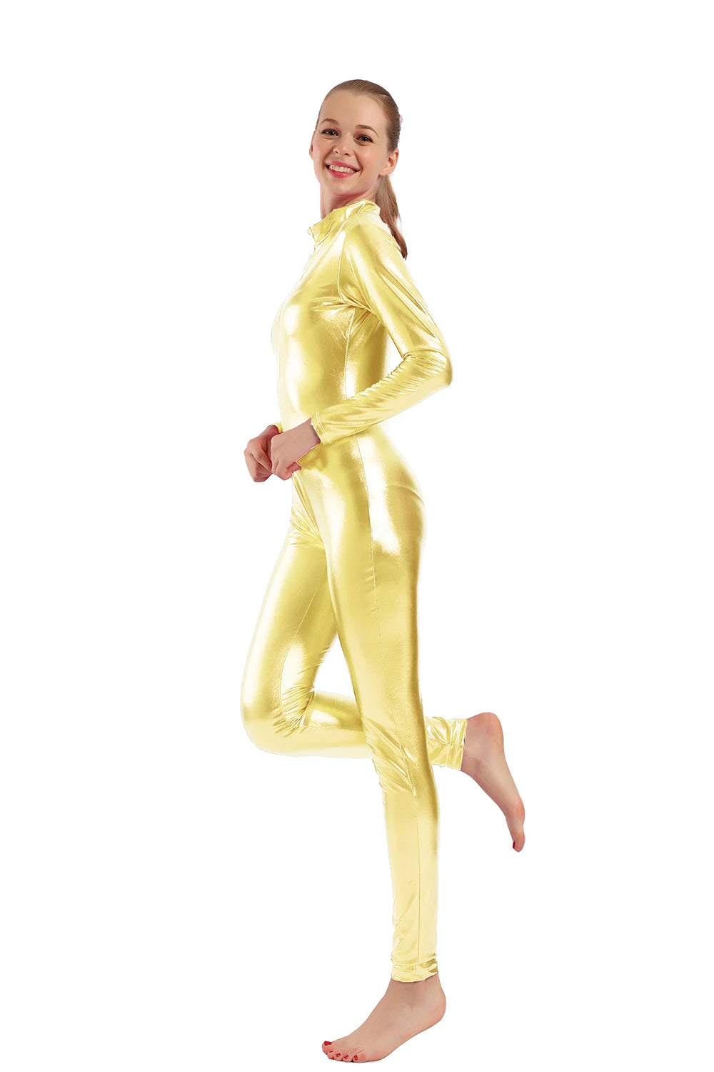 AOYLISEY Women Shiny Metallic Catsuits Unitard Long Sleeve Mock Neck Ballet Jumpsuits for Hollween  Men Cosplay Zentai Costumes