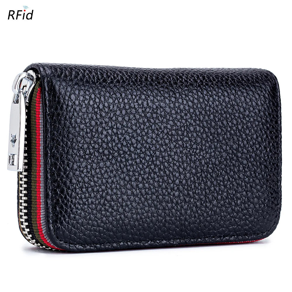 Genuine Leather Men Women Card Holder Small Zipper Wallet Solid Coin Purse Accordion Design rfid ID Business Credit Card Bags