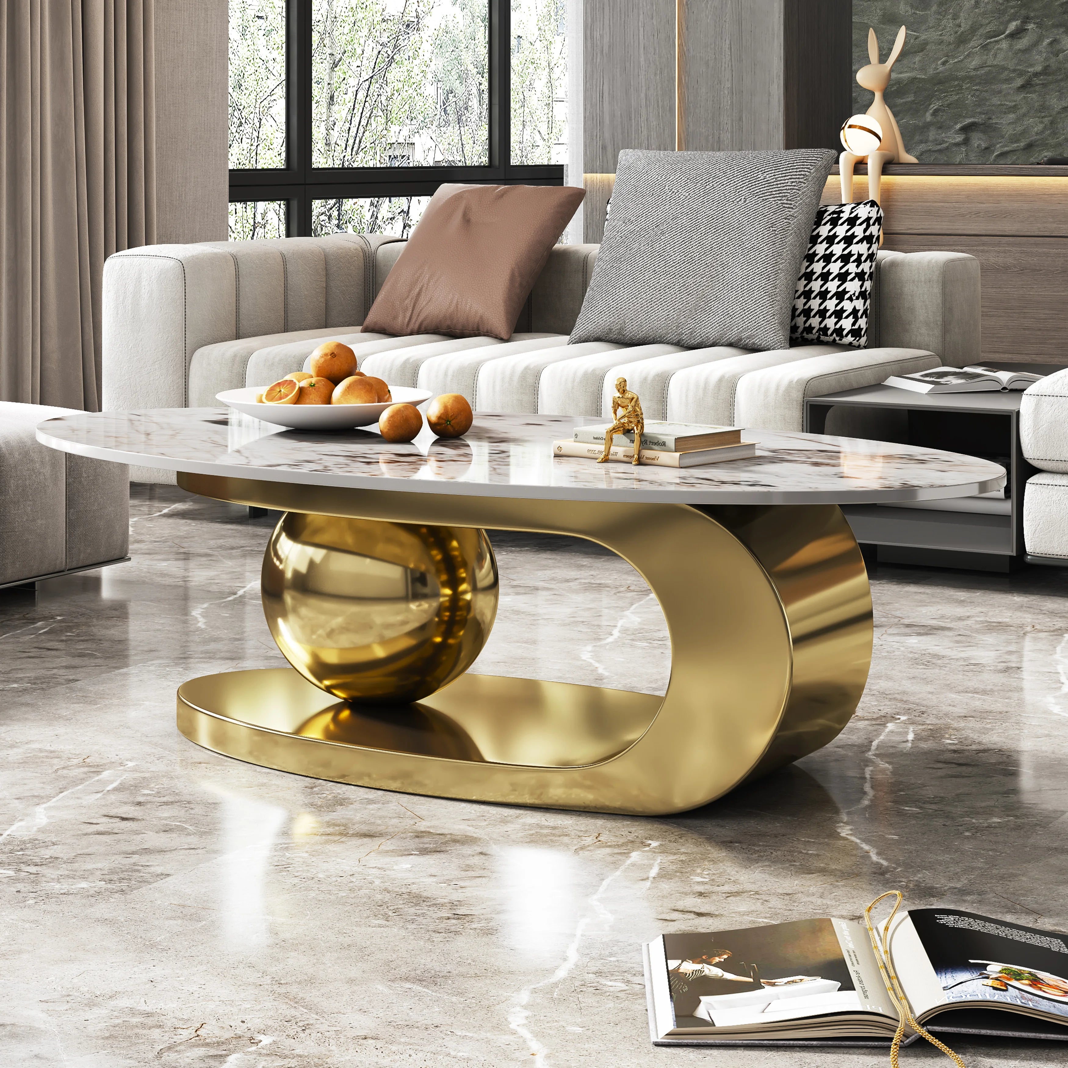 Modern Exquisite Oval Marble Coffee Table with Abstract Gold Metal Base Stylish Home Furniture for Living Room Centr |...
